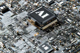 AI microchip processor on circuit board with gold contacts and electronic components