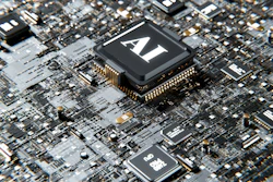AI microchip processor on circuit board with gold contacts and electronic components