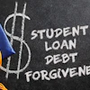 Chalkboard with dollar sign symbol and text reading 'Student Loan Debt Forgiveness' next to graduation cap with gold tassel