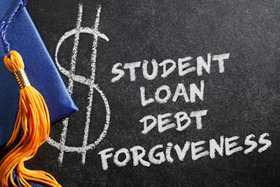 Chalkboard with dollar sign symbol and text reading 'Student Loan Debt Forgiveness' next to graduation cap with gold tassel