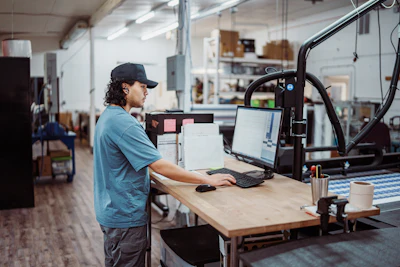 Worker in blue shirt using laptop at wooden desk in maker space with 3D printer and workshop equipment