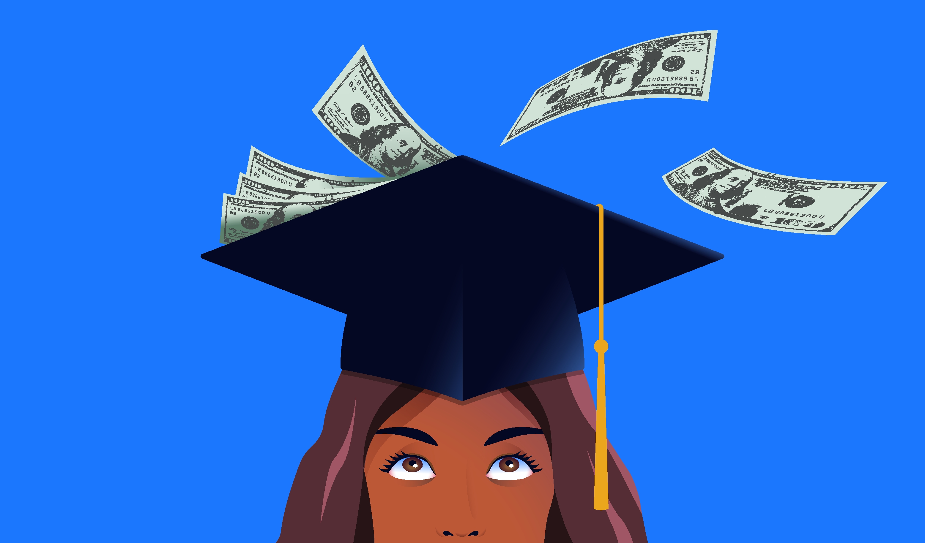 Graduate with mortarboard cap surrounded by floating dollar bills on blue background, symbolizing education investment and financial success