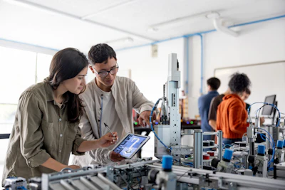 Two engineers collaborating at a robotic workstation in a laboratory, reviewing data on tablet while examining mechanical equipment.