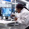 Female scientist examining samples under microscope in modern laboratory with medical imaging displayed on monitor