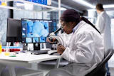 Female scientist examining samples under microscope in modern laboratory with medical imaging displayed on monitor