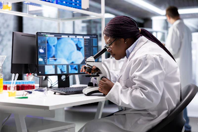 Female scientist examining samples under microscope in modern laboratory with medical imaging displayed on monitor