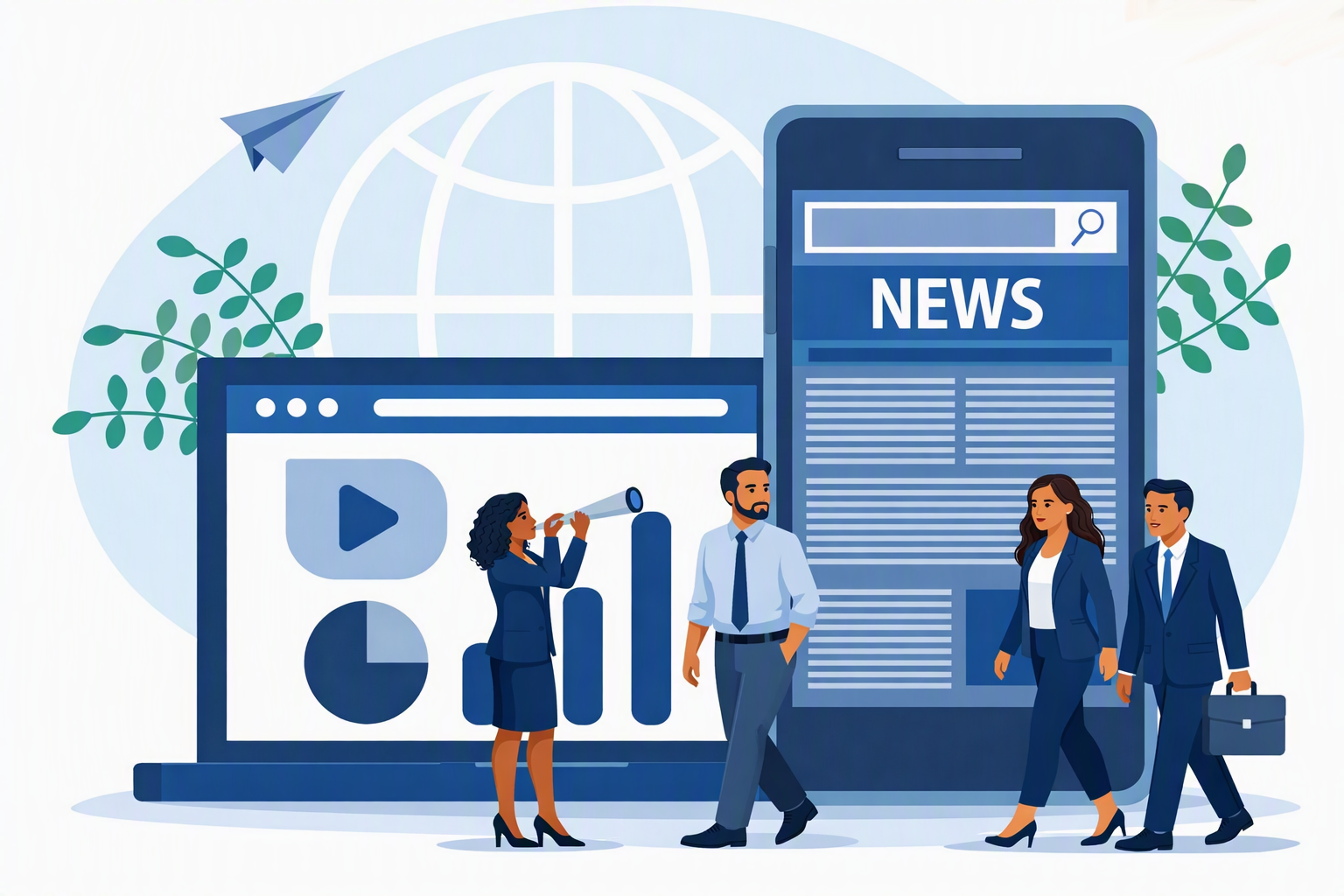 Business professionals collaborating around digital analytics and news platforms with globe and mobile device interfaces
