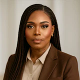 Professional headshot of a woman in brown blazer and cream shirt against neutral background