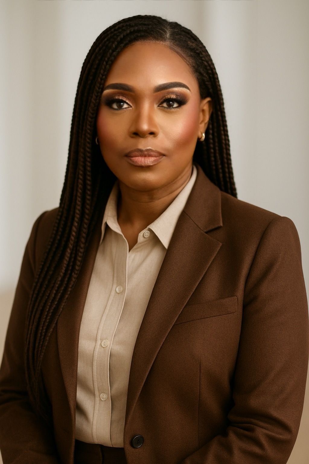 Professional headshot of woman in brown blazer and cream shirt against neutral background