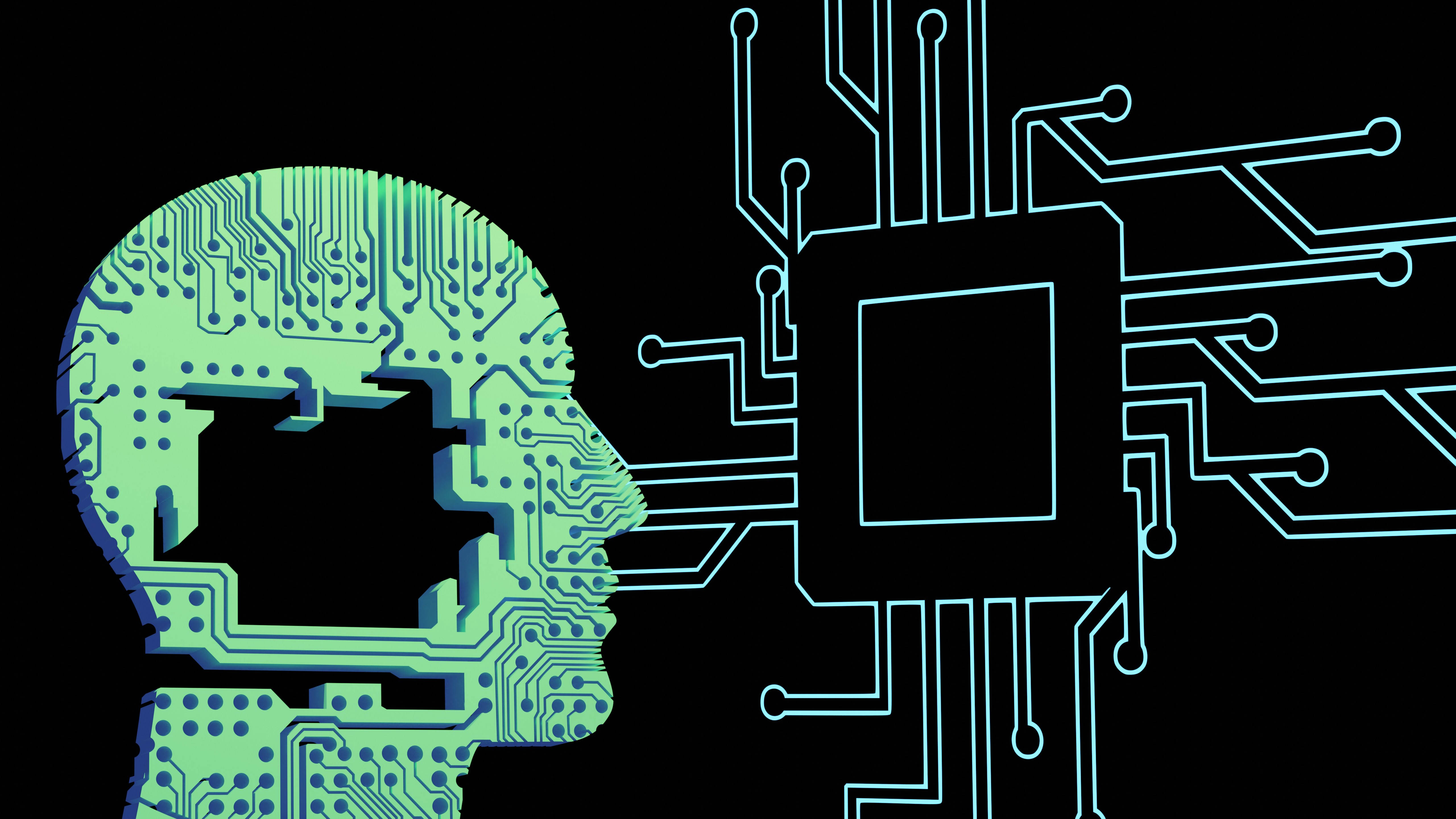 Digital illustration of human head with circuit board patterns connected to computer chip and network pathways