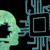 Digital illustration of human head with circuit board patterns connected to computer chip and network pathways
