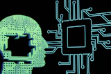 Digital illustration of human head with circuit board patterns connected to computer chip and network pathways