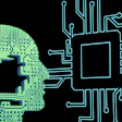 Digital illustration of human head with circuit board patterns connected to computer chip and network pathways