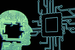 Digital illustration of human head with circuit board patterns connected to computer chip and network pathways