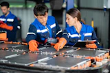 Two technicians in blue uniforms assembling solar panels with orange tools in an industrial workshop